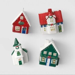 New! Set of 4 Painted Ceramic Village Christmas Ornaments by Threshold